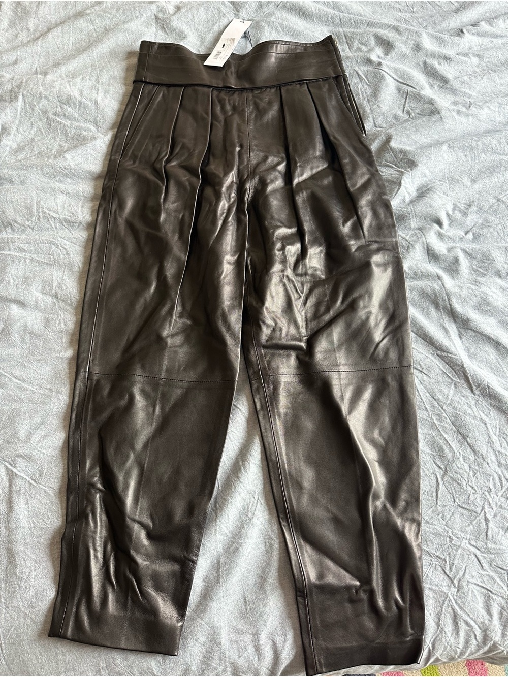 IRO Black Lambskin Leather Pleated Tapered Pants
